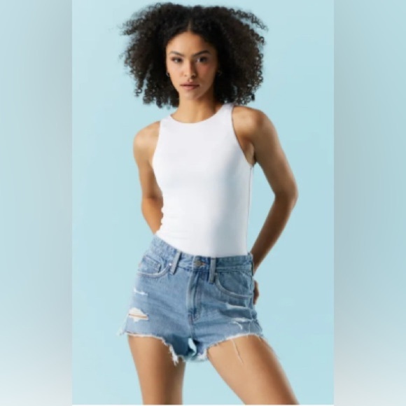 Refuge Denim Chelsea Light Blue Denim Shorts | Distressed - Picture 1 of 16